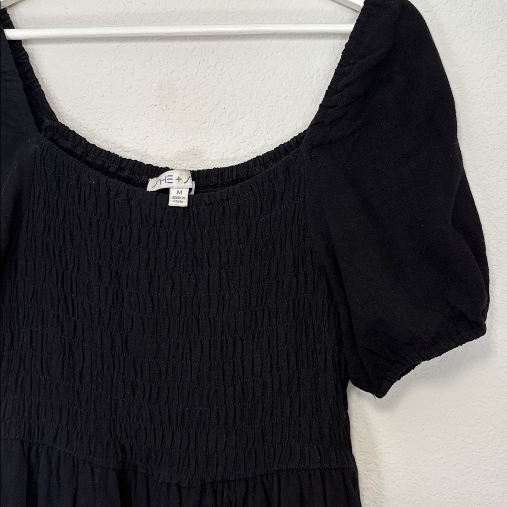 She + Sky Black Maxi Dress Tiered Medium Puff Sleeve - Picture 4 of 6